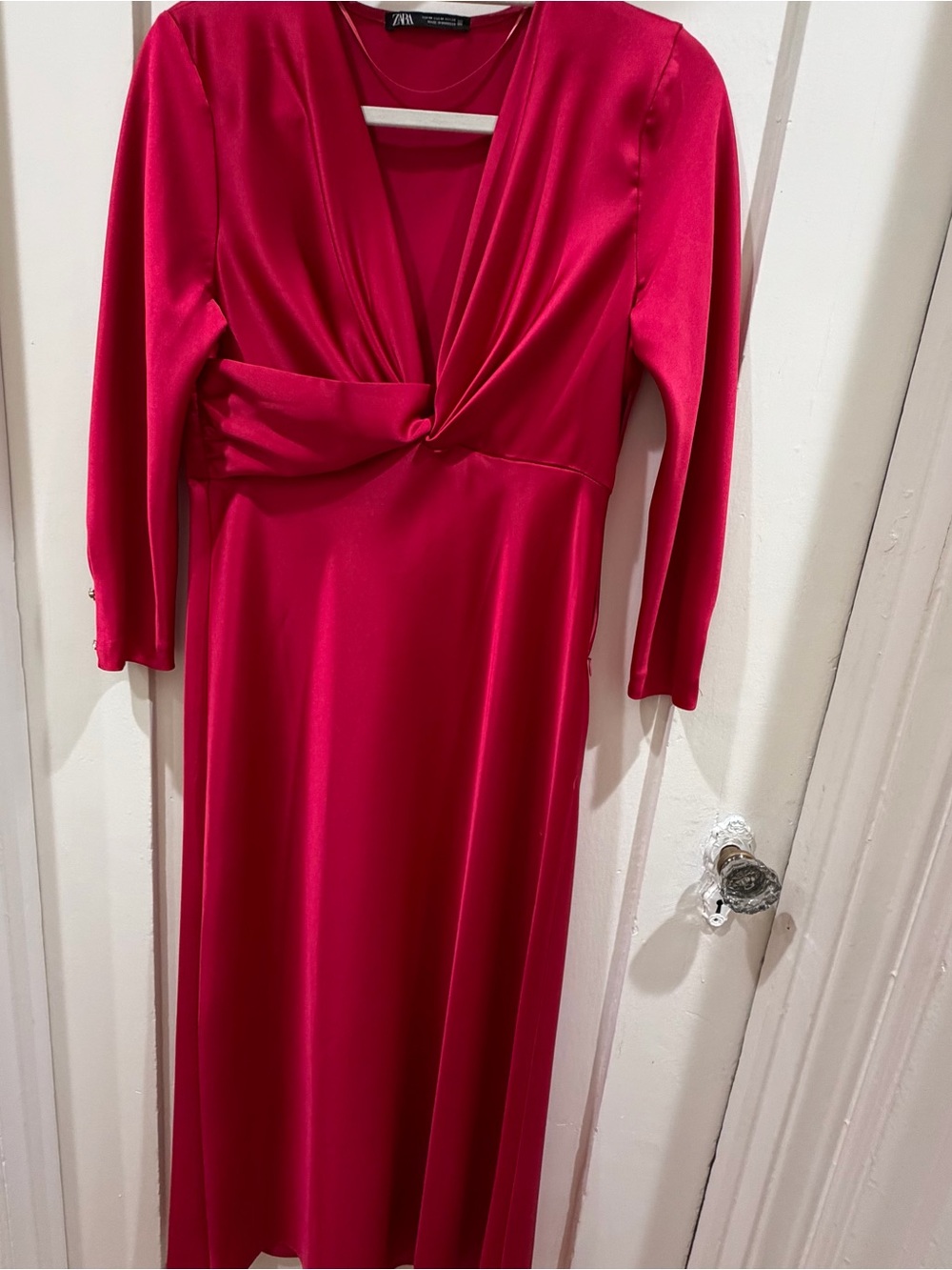 Zara Satin Effect Fuchsia Twist-Front Midi Dress